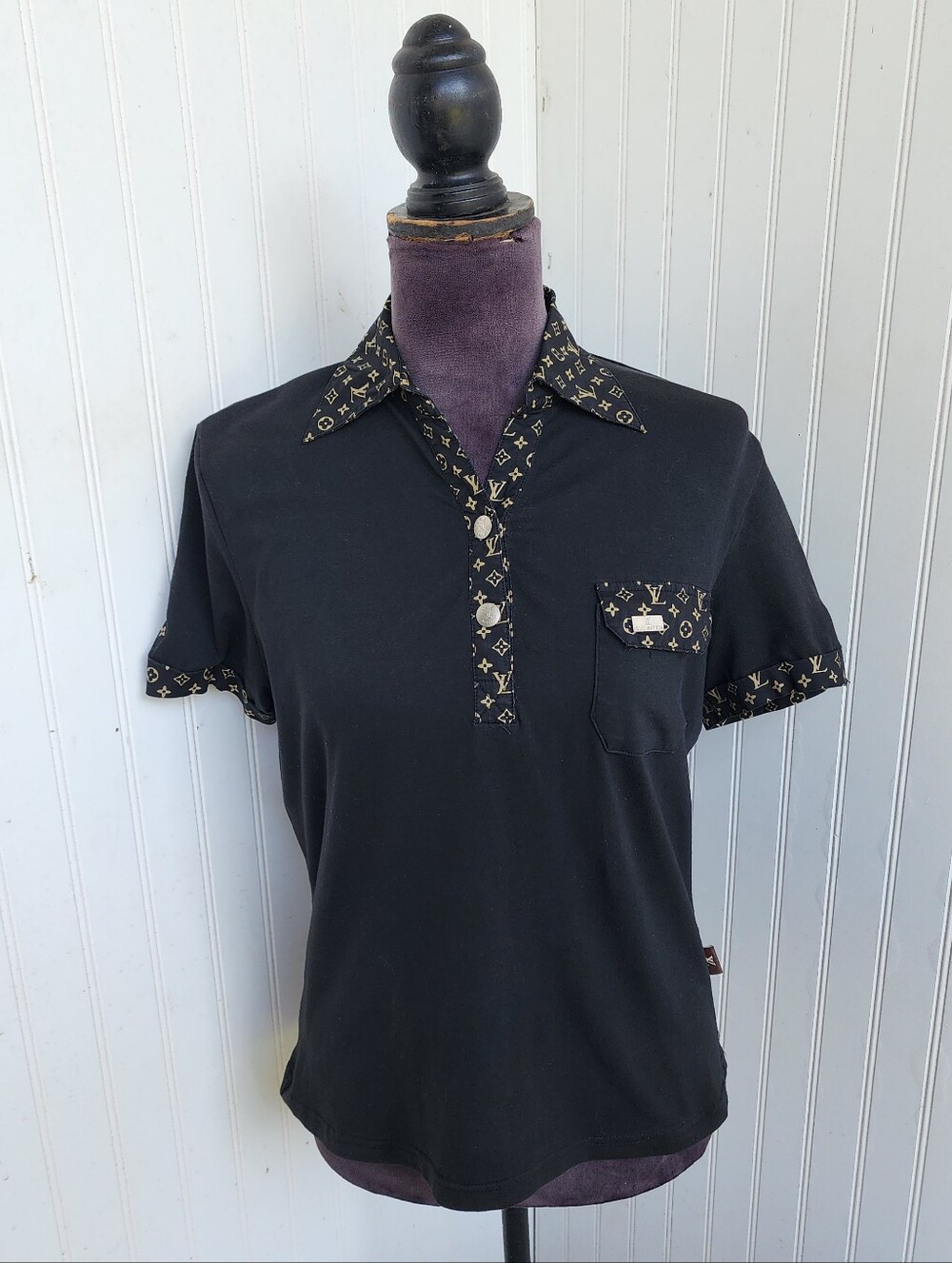 Black Tan Logo Womens Snap Polo Short Sleeve Shirt Sz L